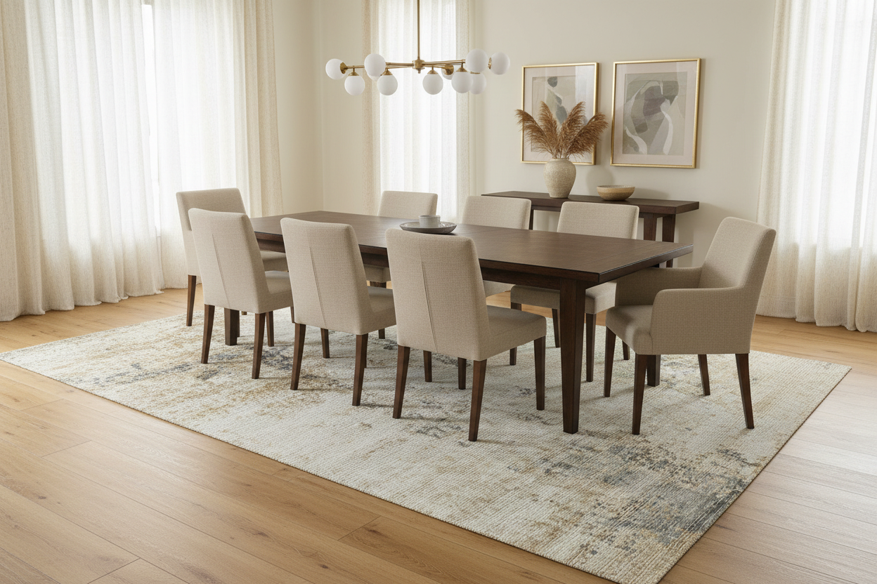 Hand-knotted area rug 8x10 in elegant dining room - home staging for realtors - premium Surya quality