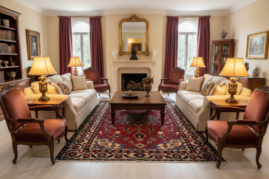Living Room with Burgundy Persian Rug