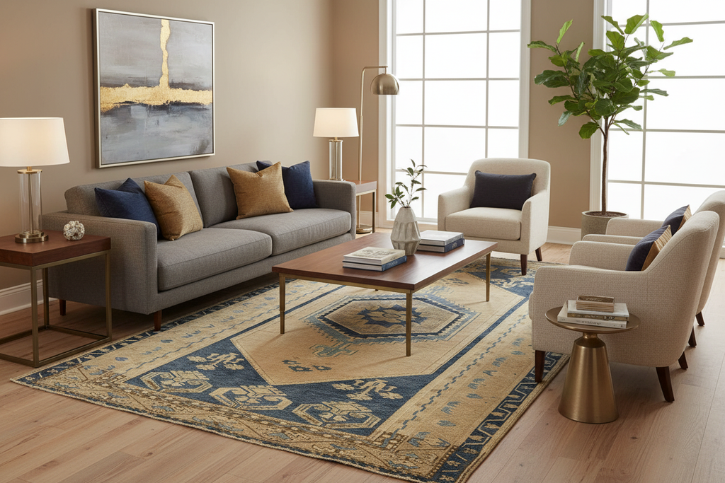 Living Room with Navy Turkish Rug
