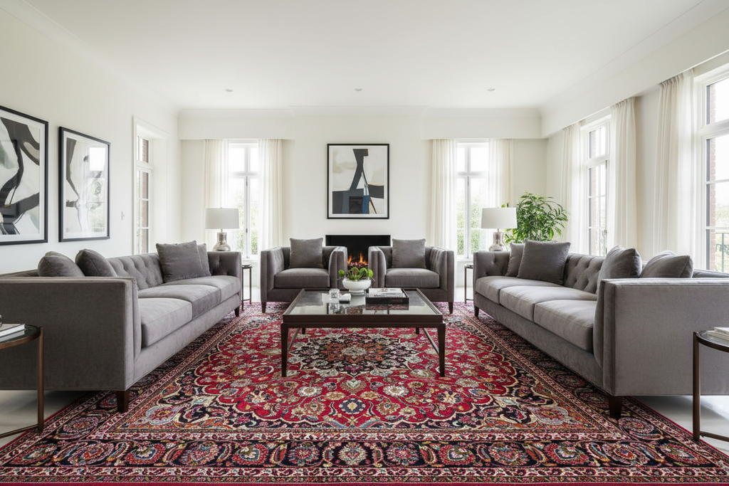 Living Room with Square Red Persian Rug