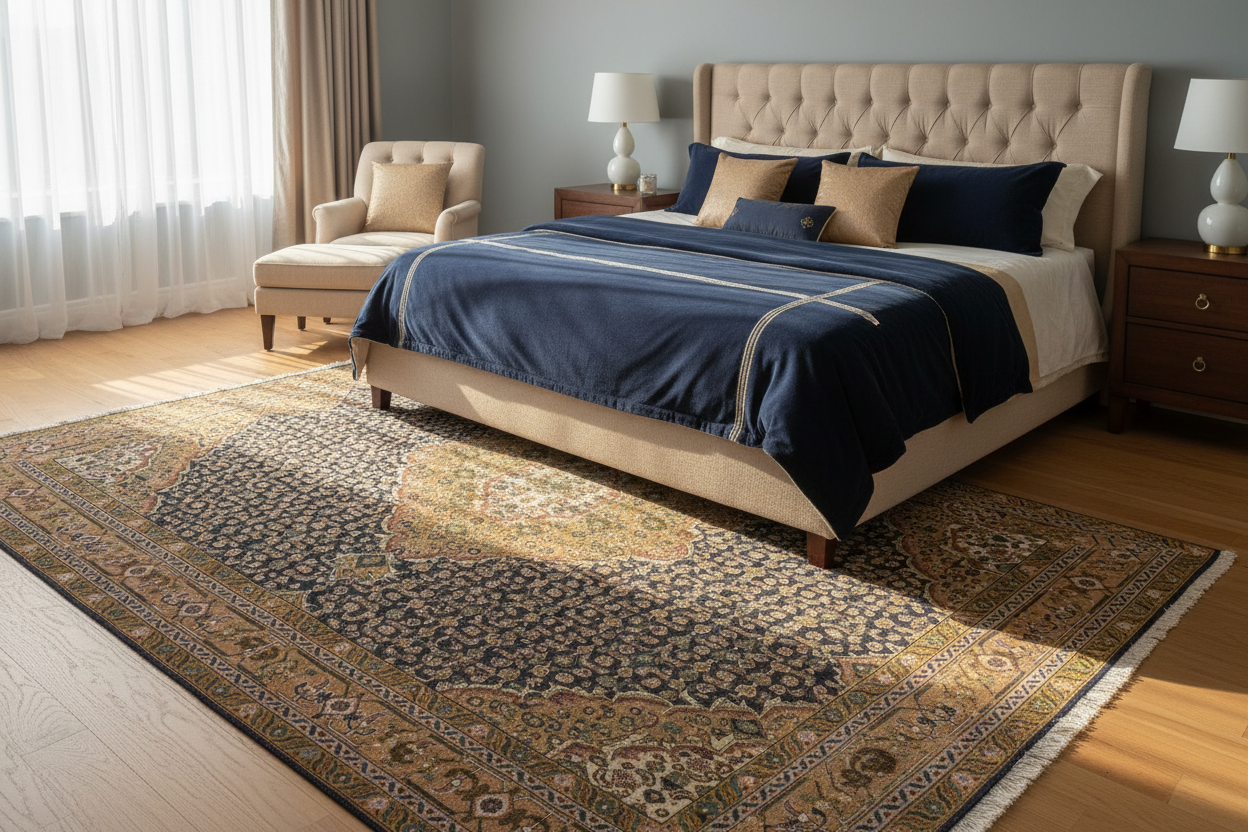 Master Bedroom with Navy and Tan Persian Rug